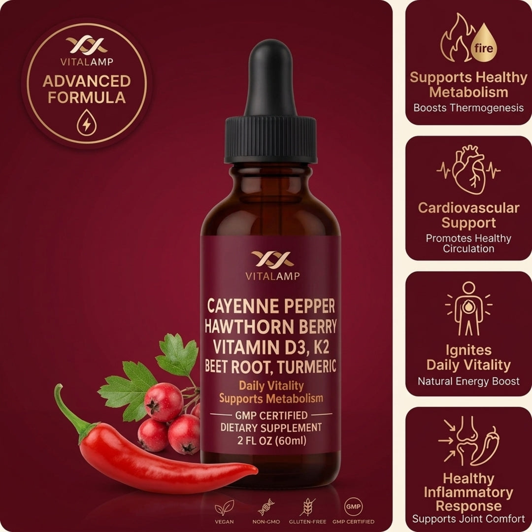 poivre de Cayenne, baie d'aubépine, vitamine D3 K2, betterave, gouttes de curcuma